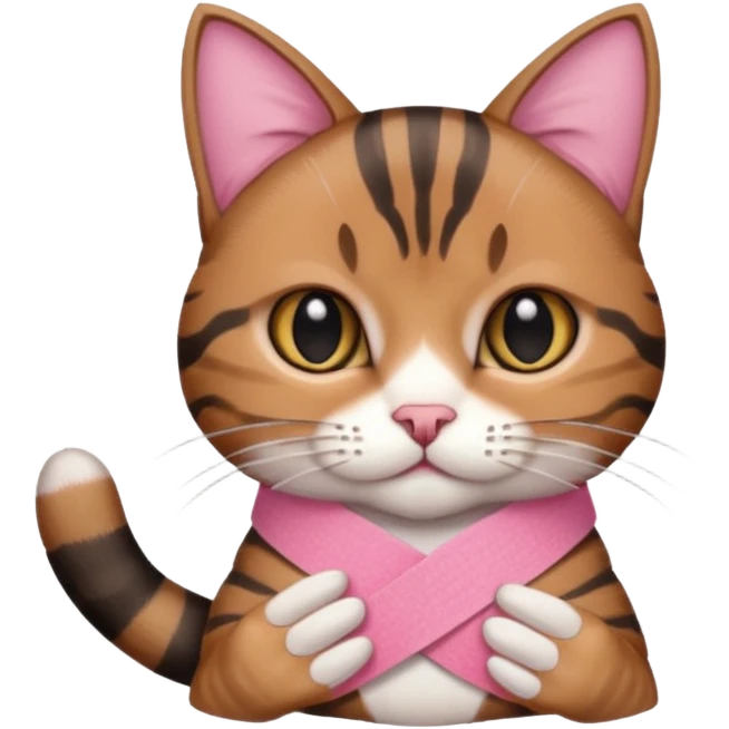 a  brown and black tabby cat, with a pink bandage on her front paw, emoji