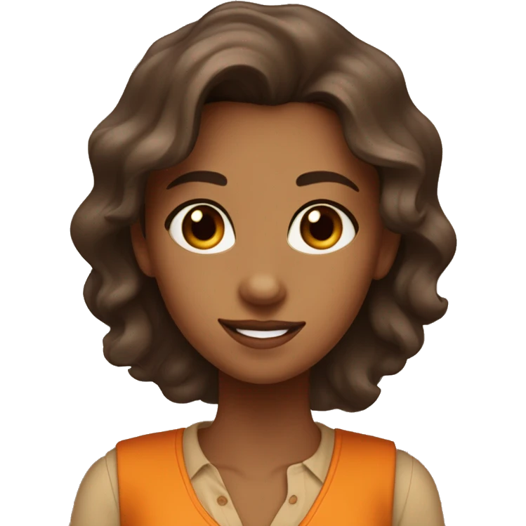 a charming tanned woman wavy chocolate hair, caramel eyes, beige shirt, orange vest emoji