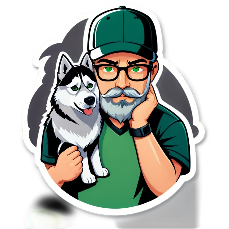 A bold man with a grey baseball cap, green eyes, big beard and glasses holding a husky dog emoji
