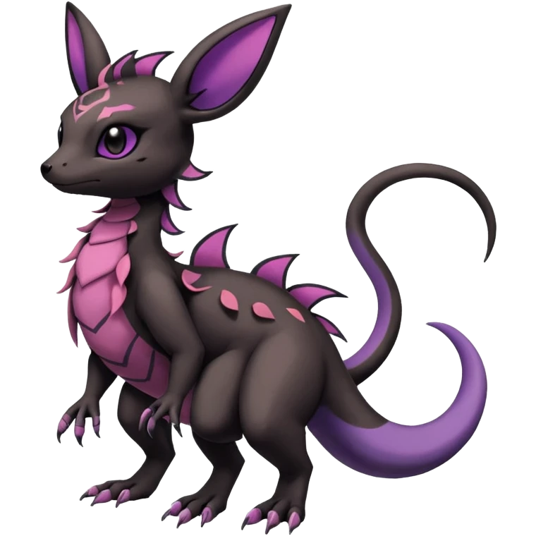 Rare exotic cute epic gothic aesthetic Salandit-Eevee-Noibat-species-Fakemon-hybrid-creature, with markings, full body emoji