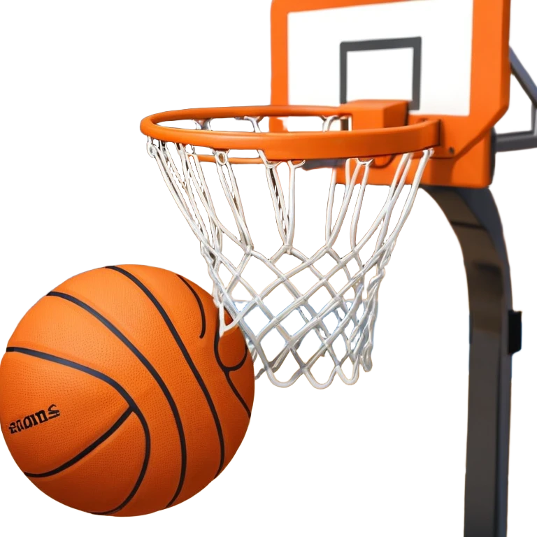 A close-up shot of a basketball entering the hoop, with the ball swishing through and inside  the basket. The background features a blurred basketball court, emphasizing the perfect shot and the excitement of the game. emoji