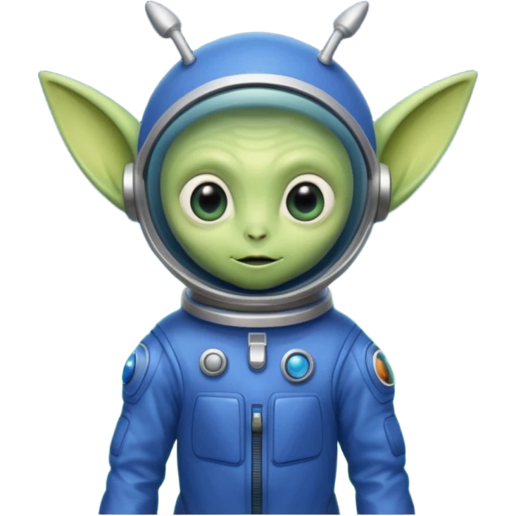 Small green alien with 3 eyes and one skin colored antenna on top of his head and pointy ears wearing a blue space suit  emoji