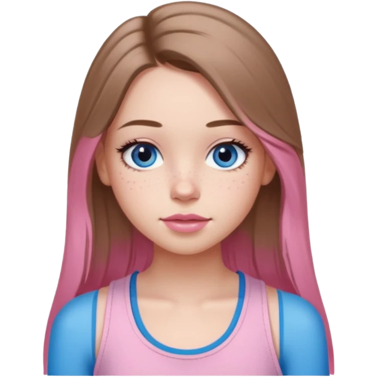 Create a TEENAGE girl with LONG and straight light brunette hair with a middle part, light skin, light freckles, and blue-gray eyes. She will have pink lips and LONG eyelashes. She will be wearing a light pink tank top emoji