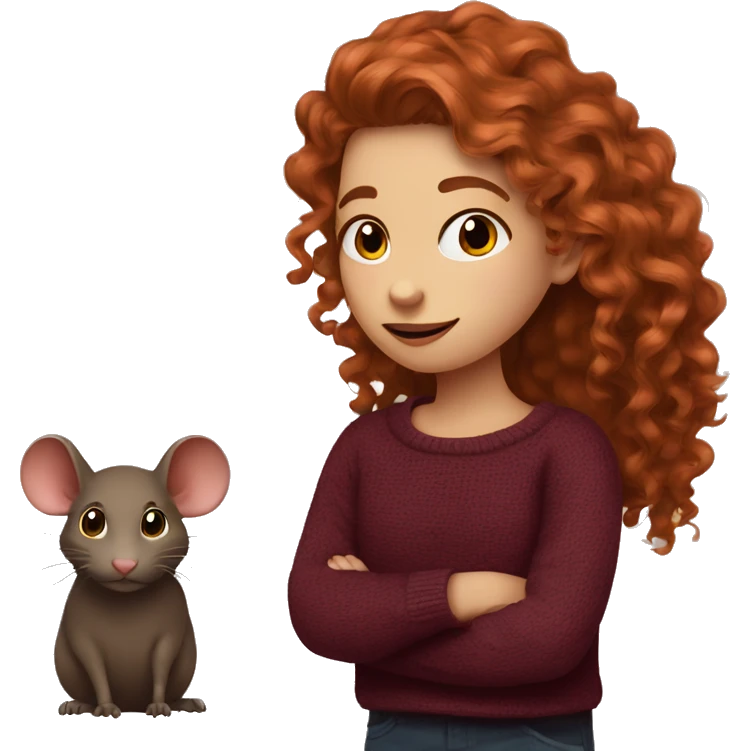 red-haired girl with long hair and curls in a burgundy sweater and a rat on her shoulder emoji