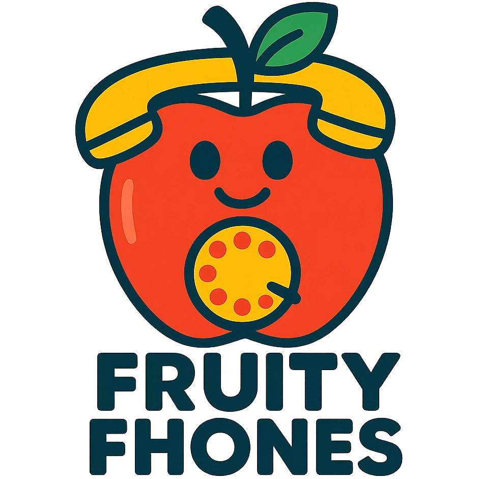 Fruity Fhones logo, a phone shaped as an apple, cheerful and simple, for a children's starter phone brand emoji