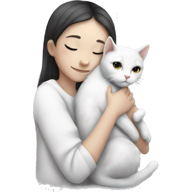 White cat with grey and black spots hugging girl emoji