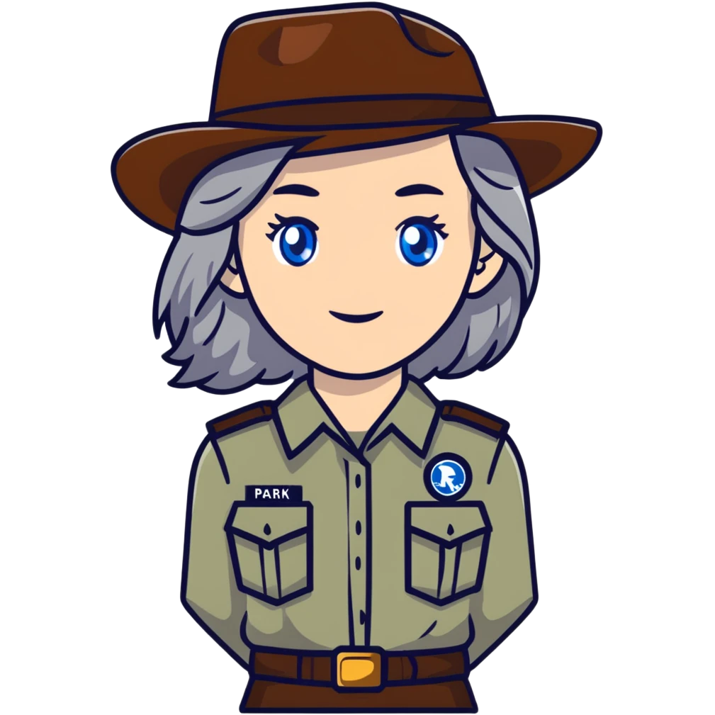 white woman park ranger with brown and gray hair and blue eyes emoji