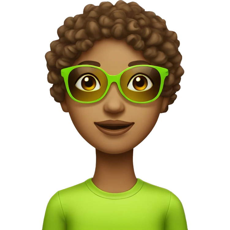 girl with curly brown hair wearing sunglasses and a bright lime green hat emoji