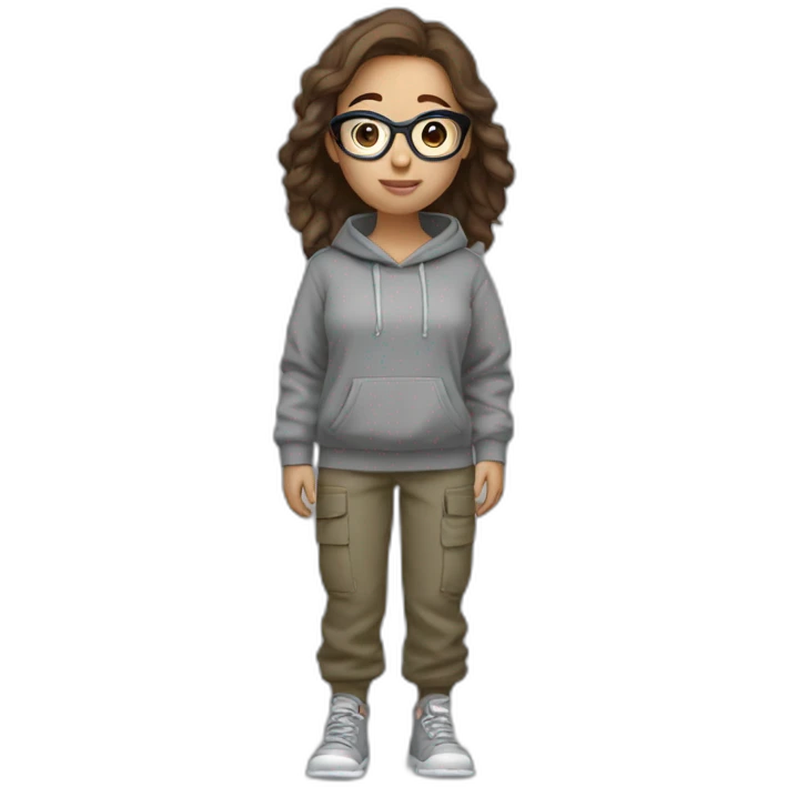 Full body Girl wirh Brown hair and round glasses and a grey hoodie and cargo pants emoji