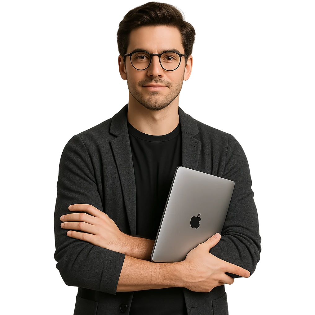 web developer with brown hair, arms folded, holding a MacBook, confident expression, modern style, professional, tech vibe emoji