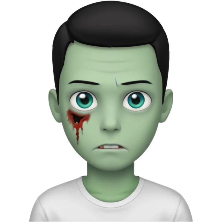 boy zombie with blue eyes and slick back middle part black hair green skin and white t shirt emoji