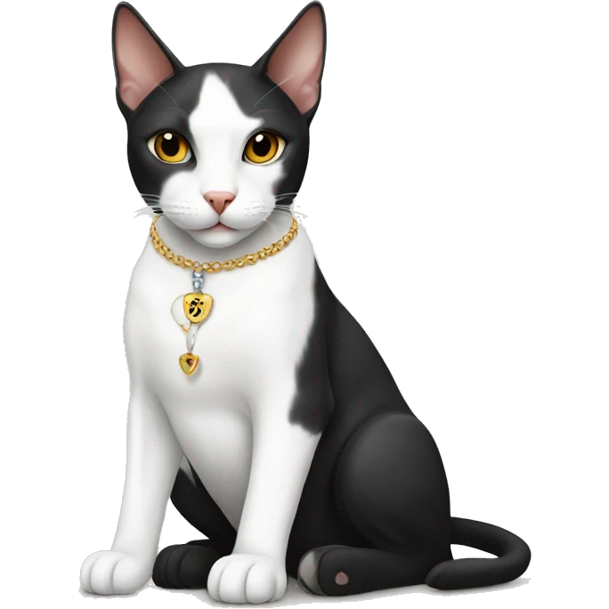 White cat with necklace sitting with Doberman emoji