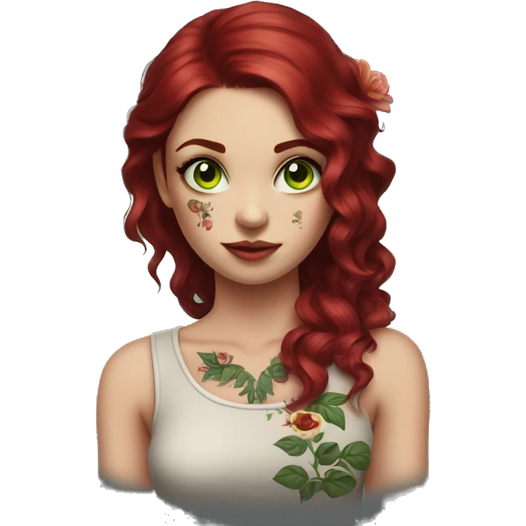 girl with dark red hair and flowers tattoo shoulder, green eyes emoji