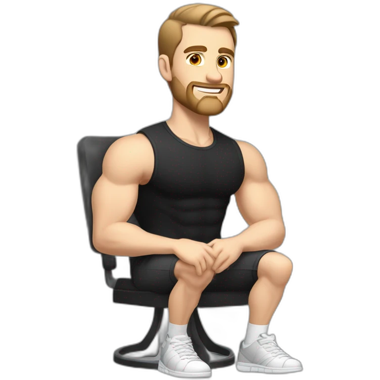 Pale skinned Fit Man With the biceps and dark brown hair in black shirt, gray sports shorts and white Sneakers Sitting on a chair emoji
