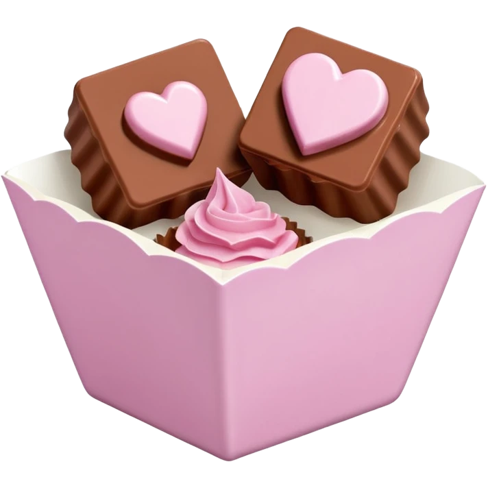 Two sharp-edged square milk chocolate pralines placed diagonally, each in a white fluted paper candy cup, with smooth glossy coating.
Flat thin pastel pink heart icing centered on top with subtle sugar crystal sparkle, clean studio lighting, pure white background, realistic minimal emoji-style. emoji