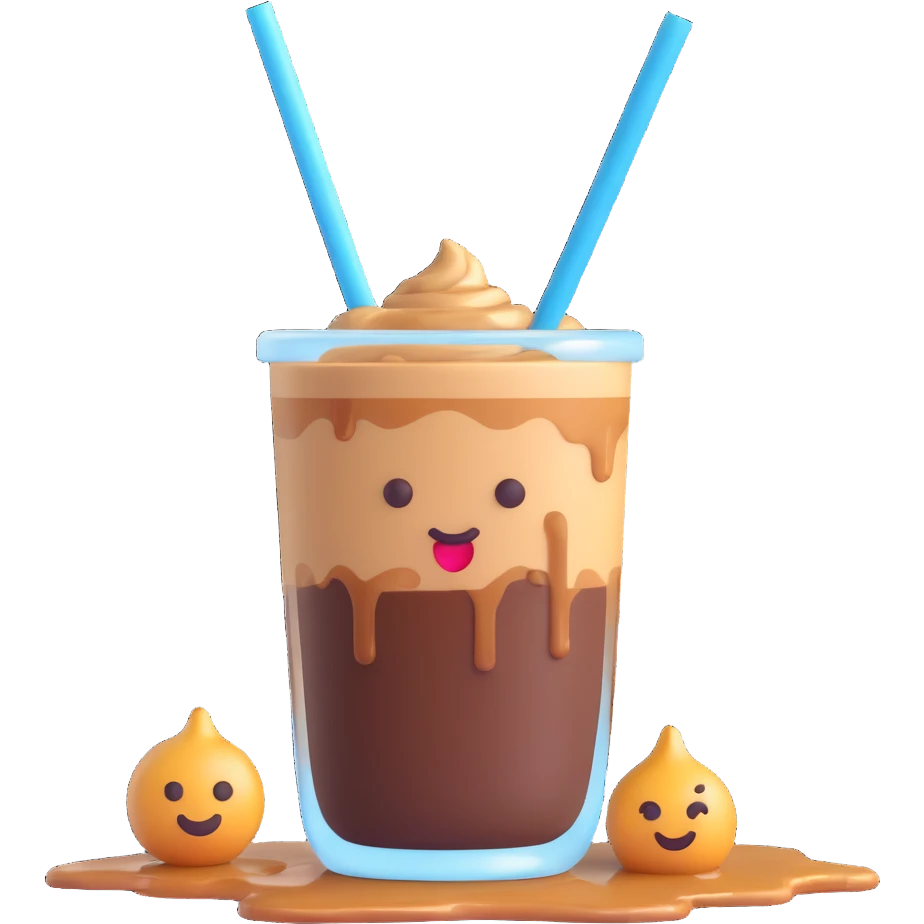 A 3D style emoji of Vietnamese iced coffee with a glass, straw, and coffee drips, featuring a coffee drop on the glass. emoji