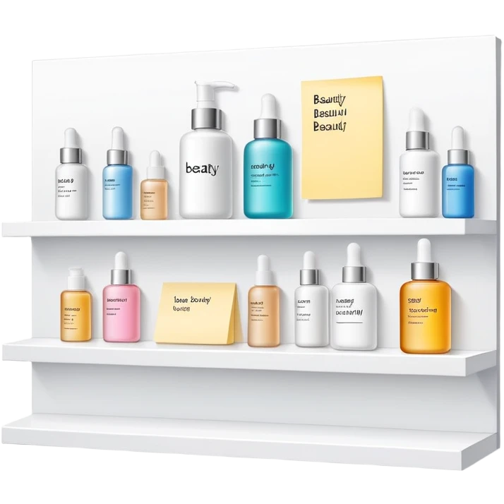 big long white shelf with one serum bottle labeled beauty brand and large sticky note next to it emoji