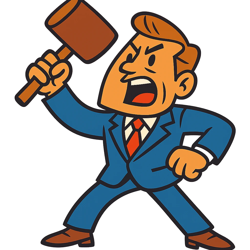 cartoonish lawyer character with exaggerated features, like a big gavel or a dramatic pose emoji