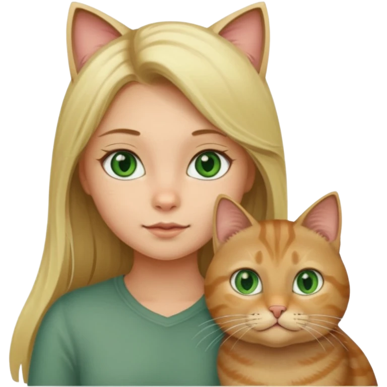 blonde girl with long blonde hair with tabby brown cat with green eyes and chubby gray cat with big green eyes emoji