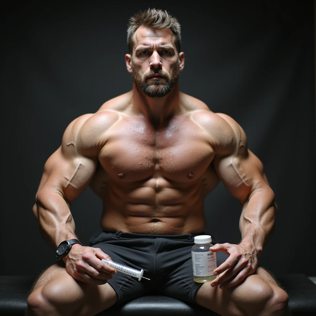 realistic muscular powerlifter sitting on bench, holding a syringe and a bottle of anabolic steroids (AAS), doubtful look, highly developed muscles, isolated on white background emoji