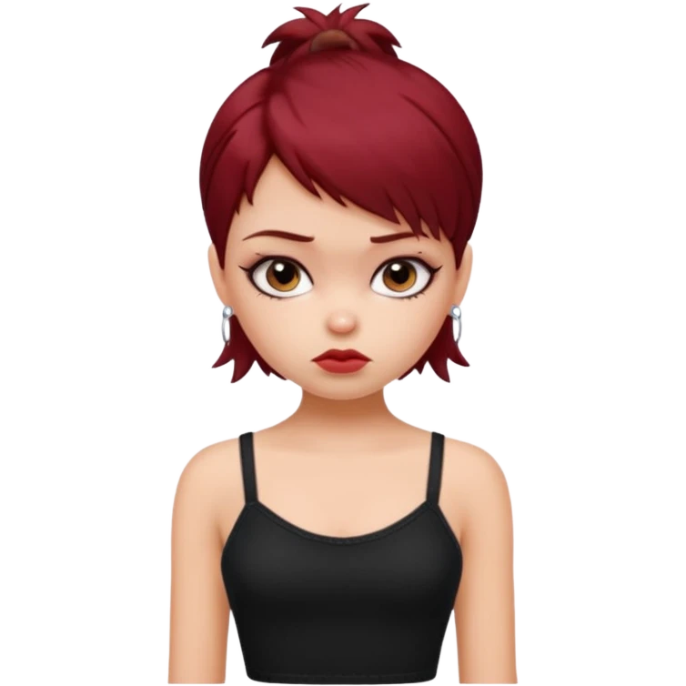generate a pretty fair bratz girl with short dark red hair looking sad . Wearing a black cami emoji