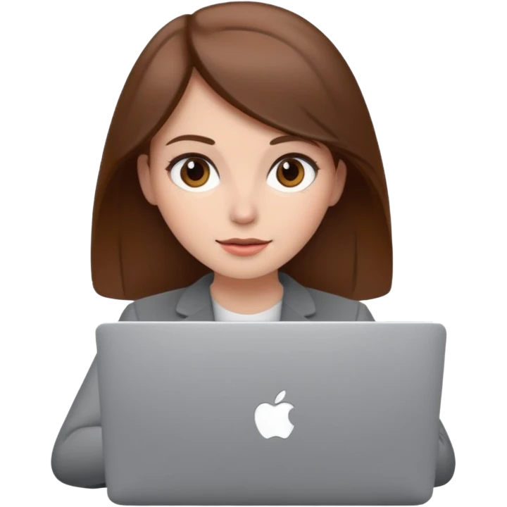 memoji of a brown hair white skin female with a grey laptop in front, apple-style, modern emoji
