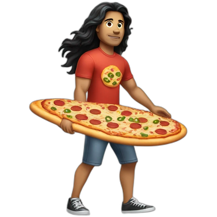 guy with long black hair in short and t-shirt surfing a pizza emoji