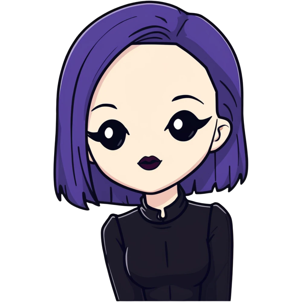 black goth with pale skin, dark lipstick, black outfit emoji