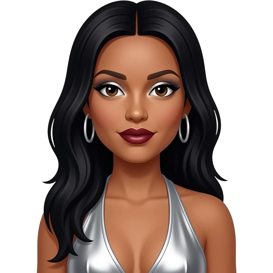 Dawn Richards from Danity Kane with dark skin, dark brown eyes, long black hair, silver eyeshadow, dark red lipstick, silver metallic halter dress, silver earrings emoji
