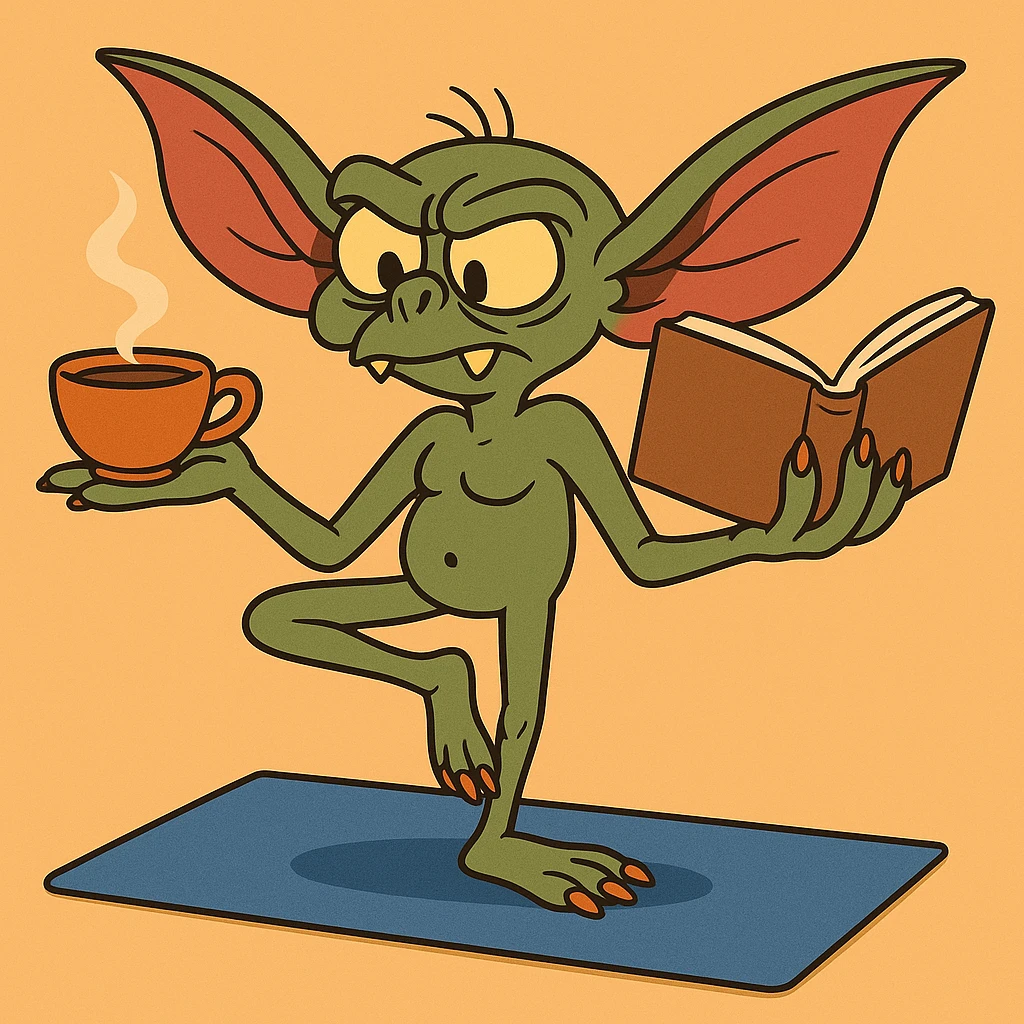 Add a yoga mat under the gremlin, keeping the cartoon style with clear lines and bright colors. emoji