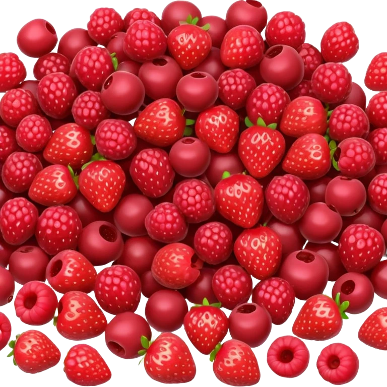 assorted red berries, small pile, strawberries, raspberries, currants, cherries, natural color and texture, glossy, 3D-rendered, minimal, no faces, transparent background emoji