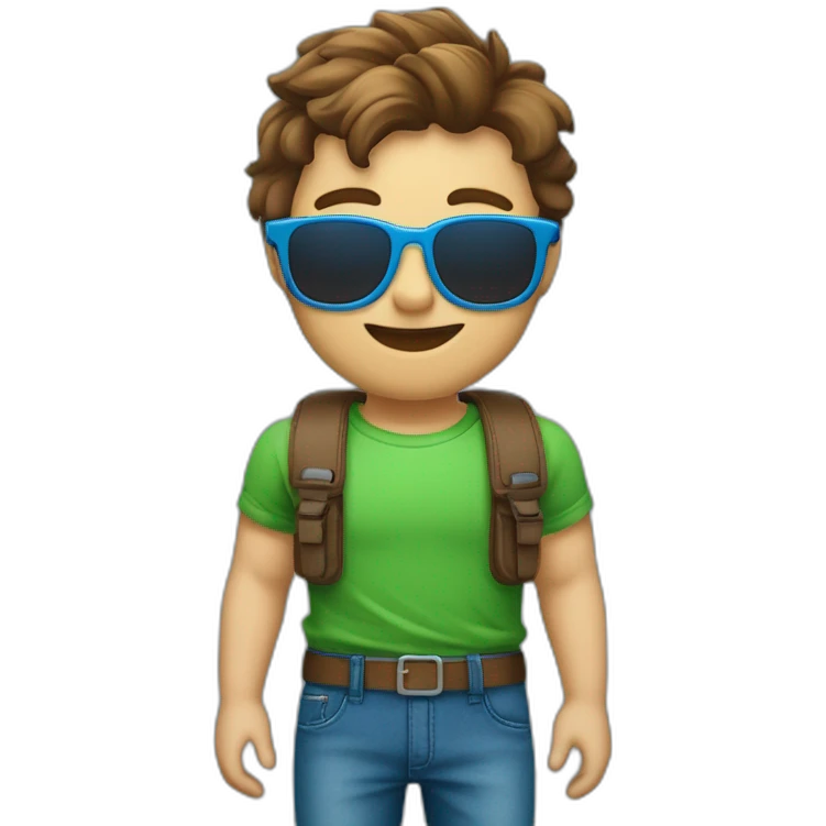 jongen bruin haar en zwarte zonnenbril en groene blousse en blauwe broek emoji