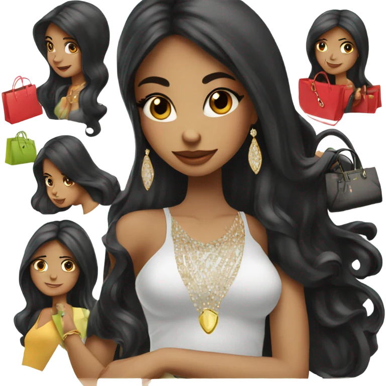 girl with long black hair with lots of designer shopping bags in her and a fat diamond engagement ring  emoji