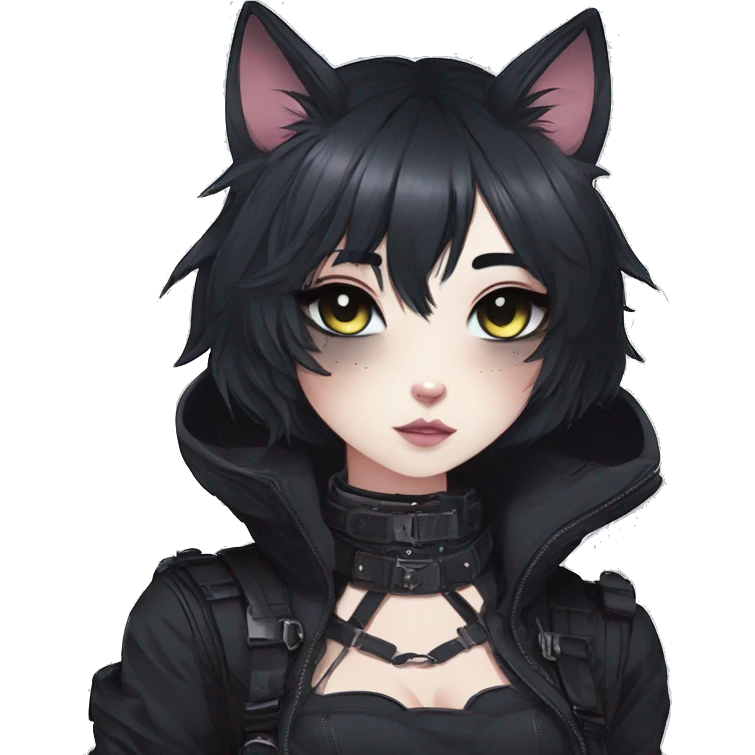 Gorgeous gothic dark techwear anime style anthro cat with blushing face aesthetic and pretty edgy black with collar and harness trending style emoji