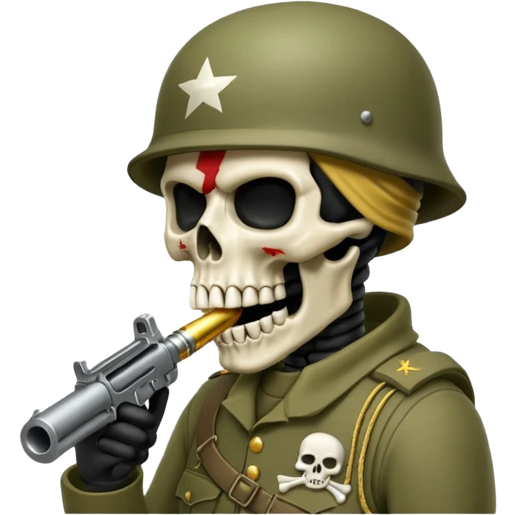 Una calavera 💀 soldado 🪖 mordiendo una bala en su boca con fondo verde  emoji