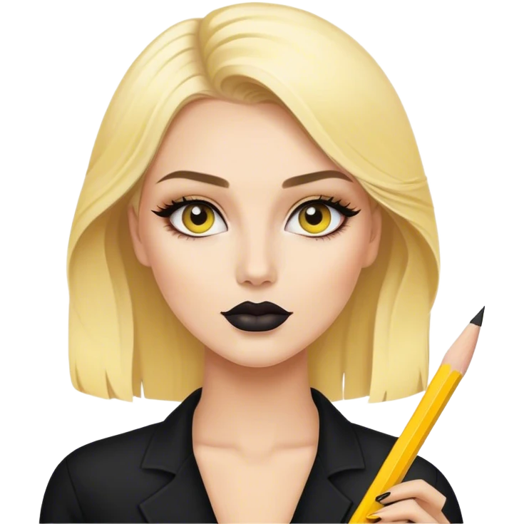 luxury blonde makeup artist model wearing black, holding yellow pencil emoji