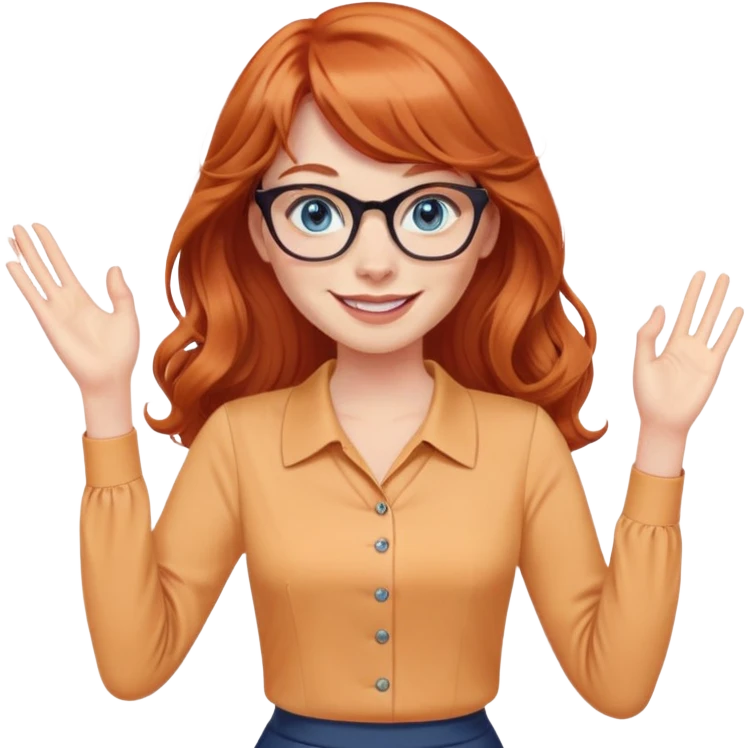 redheaded woman with very long wavy hair and bangs, blue eyes, cat-eye glasses, pencil skirt, apricot blouse, waving, smiling emoji