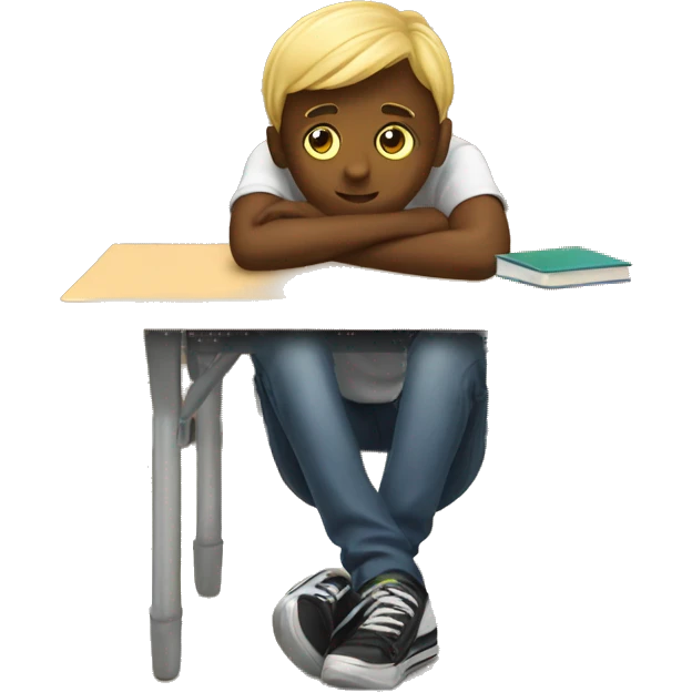 student lies down on a school desk with legs emoji