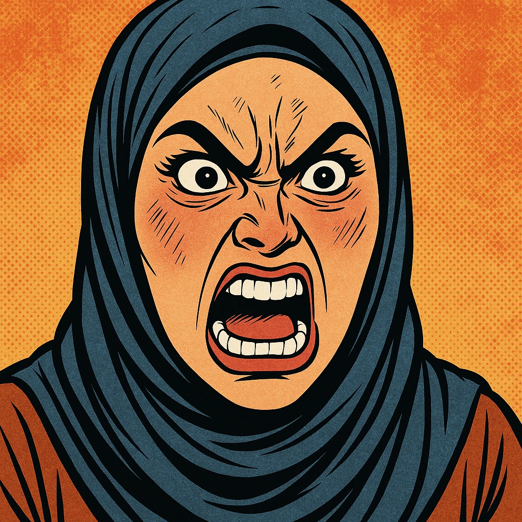 hijabi woman, exaggerated angry face, comic book style emoji