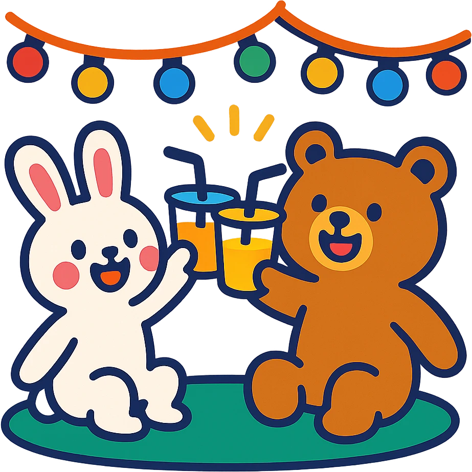 bunny and bear clinking juice cups under string lights, vibrant toon style, bright and lively colors emoji