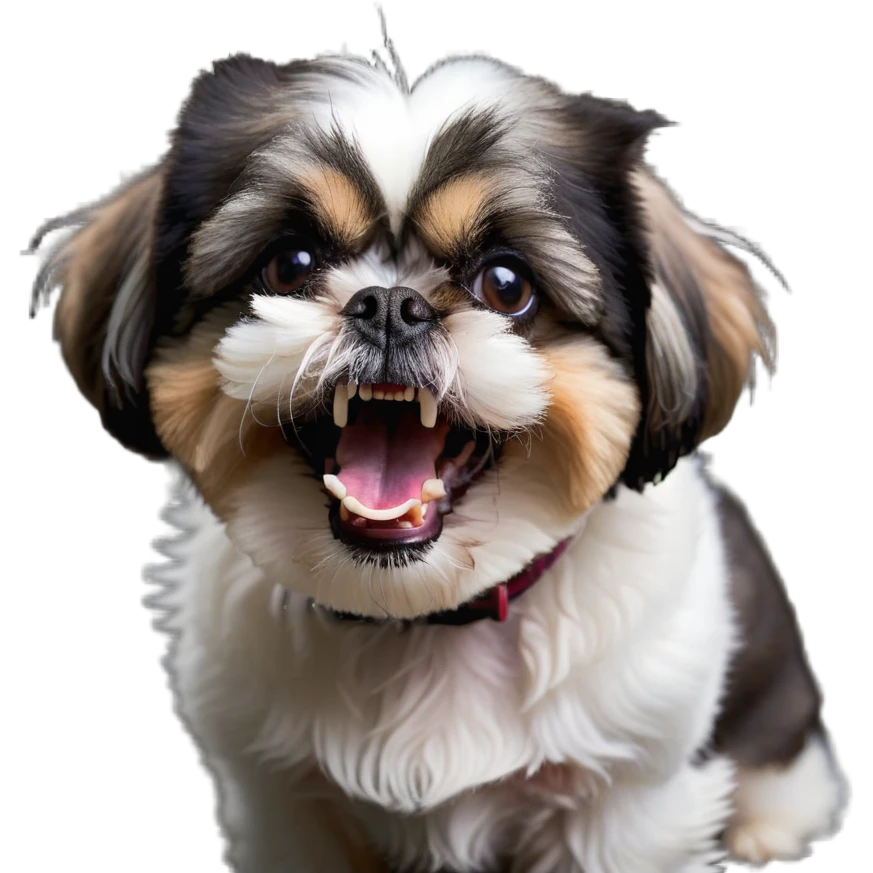 mad shih tzu dog baring teeth, fluffy fur, small dog with big eyes and angry expression emoji
