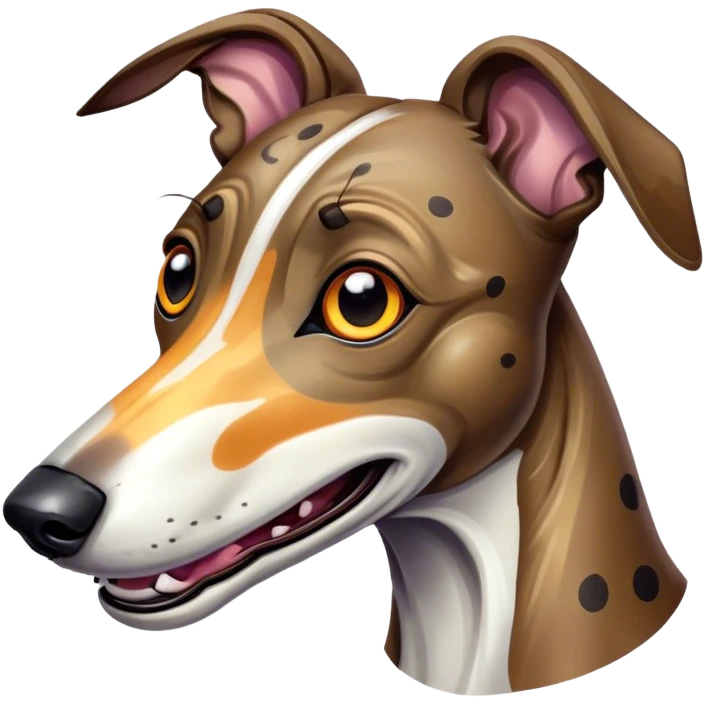 Cinematic Comical Brindle Greyhound Portrait Emoji, Head tilted dramatically with an exaggeratedly amused expression, featuring a striking brindle Fur with bold patterns, wide, expressive eyes filled with playful disbelief, Simplified yet hilariously expressive features, highly detailed, glowing with a slightly sassy glow, high shine, dramatic yet playful, stylized with an air of cheeky mischief, bright and endearing, soft glowing outline, capturing the essence of a spirited and over-the-top racer, so meme-worthy it feels like it could side-eye its way into internet fame instantly! emoji