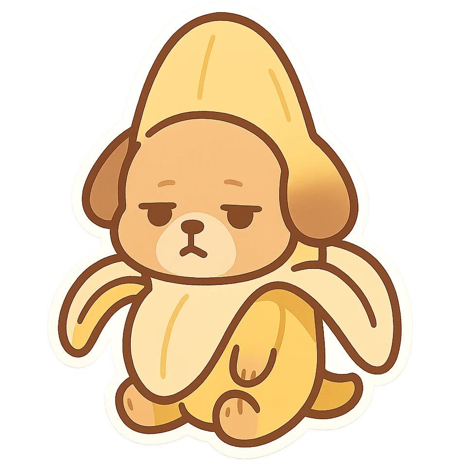 A cute puppy dressed as a banana with a dull expression emoji