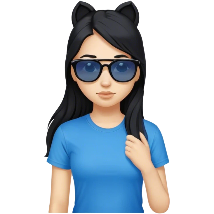 A girl with black long hair with pony, wearing black sunglasses and a blue t-shirt. emoji