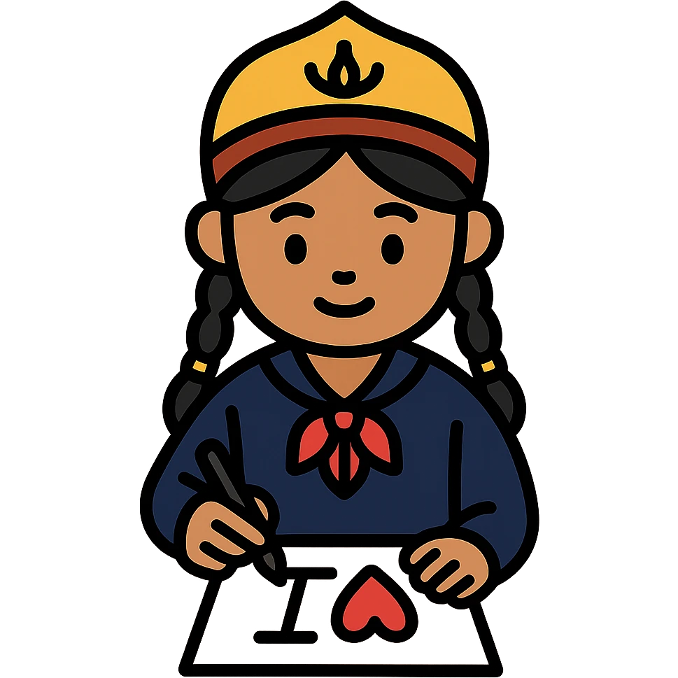 Kazakh girl in Korean foreign school uniform, drawing the letter T with a heart on a sheet of paper emoji