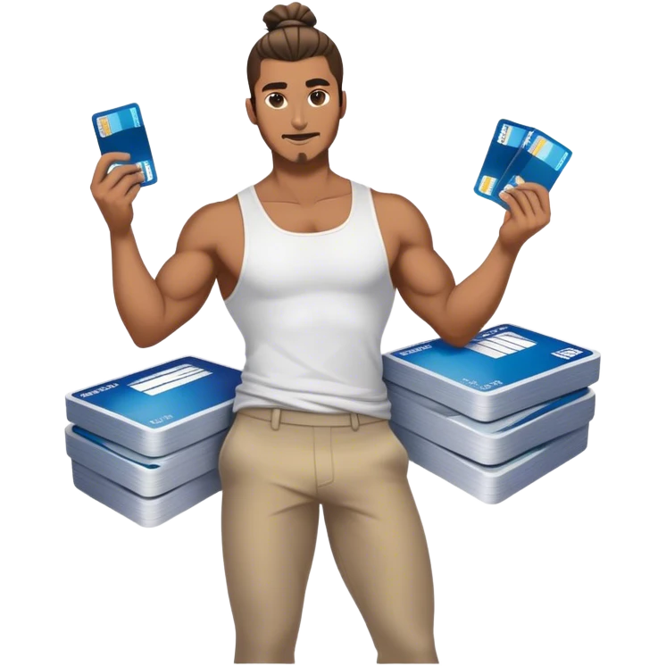 Handsome Brown guy with a glossy man bun , flexing stacks of American Express cards , full body.  emoji