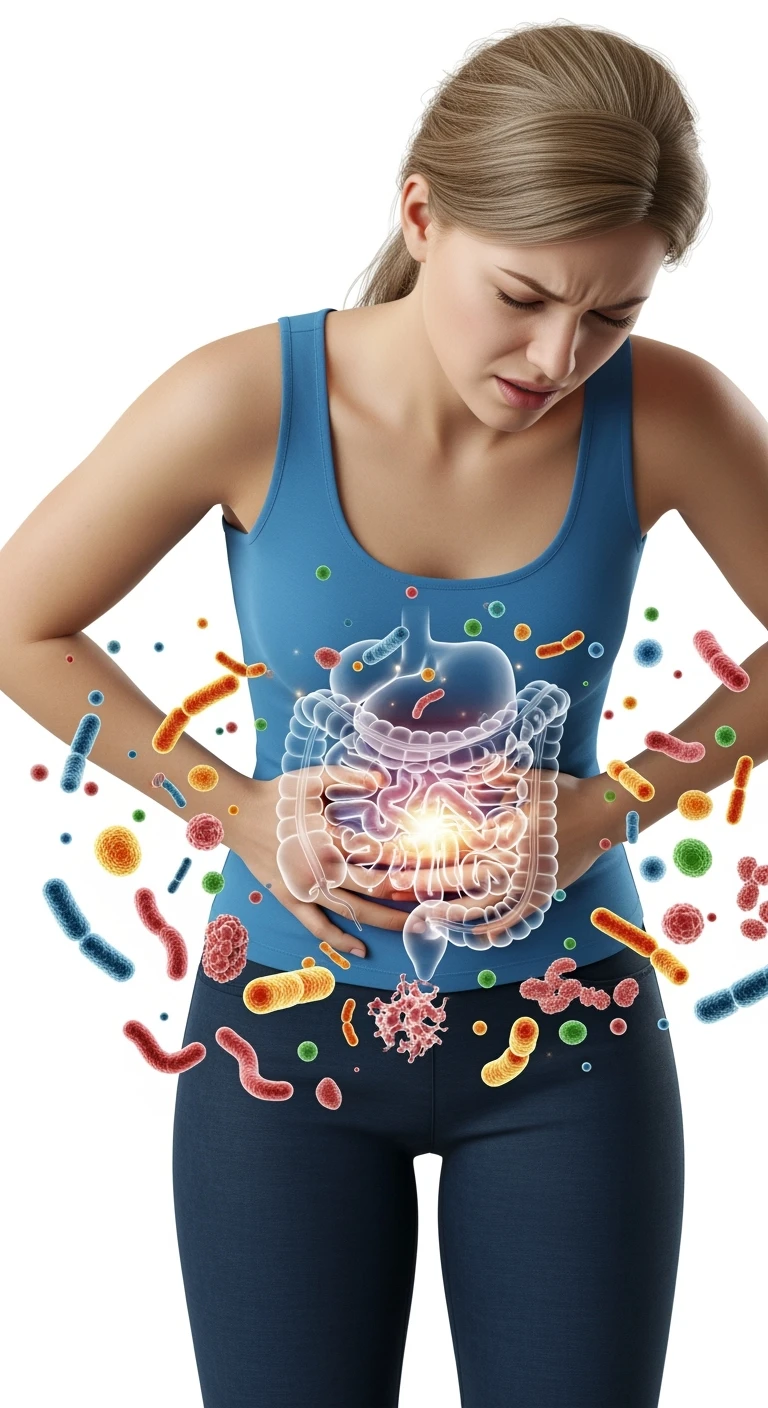 DONNA CON MAL DI PANCIA E INTESTINO UMANO ANATOMICO VISIBILE, BATTERI INTESTINALI FLUTTUANO INTORNO, IPERREALISTICO 4K, SFONDO BIANCO emoji