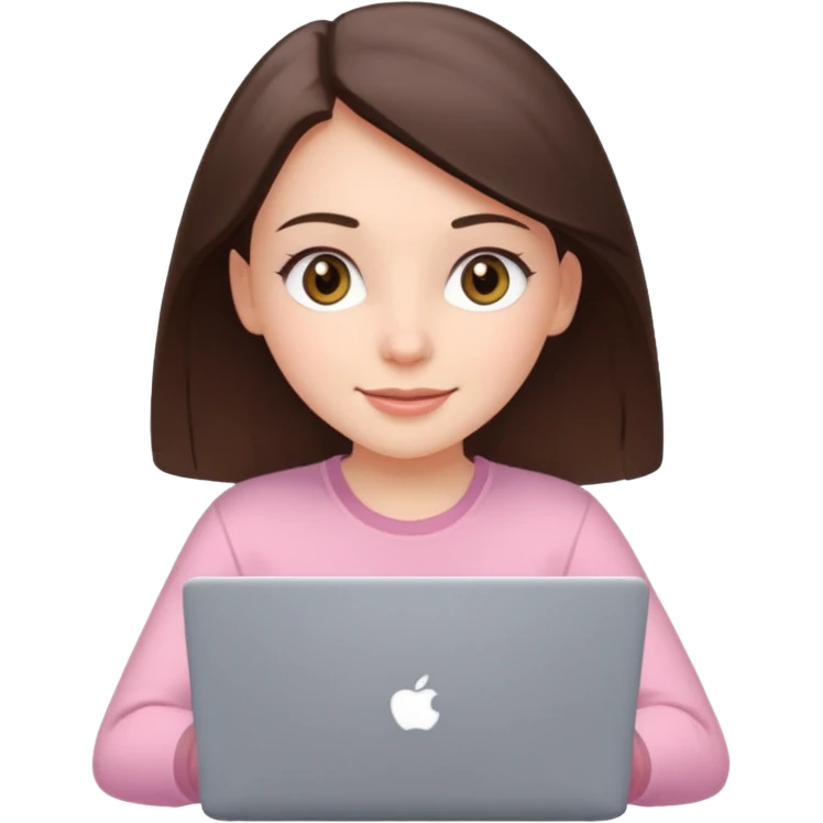 happy white brunette girl with hazel eyes in light pink using laptop emoji