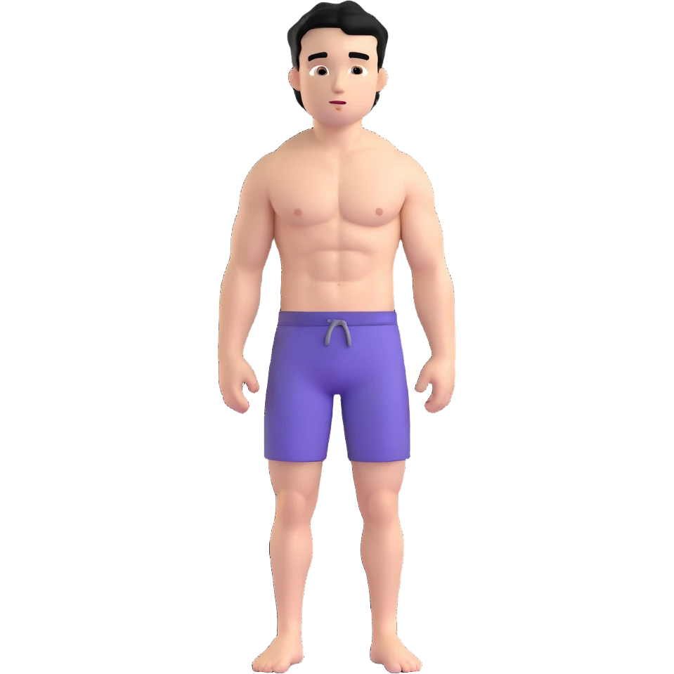 young white man with short black hair, shirtless, muscular, full body without shoes emoji