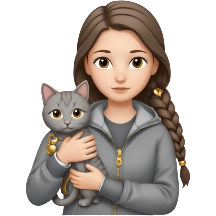 a white girl with long brunette hair in braid that is over her shoulder. shes holding a grey cat. the girl has long lashes and has on a grey zip up that is half way zipped  and under a white shirt and gold jewelry that is gold bracelets. emoji
